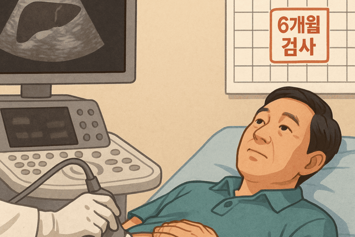 6개월 정기가 표시된 달력 아래에 간 스캔 검사하는 남성 환자 일러스트