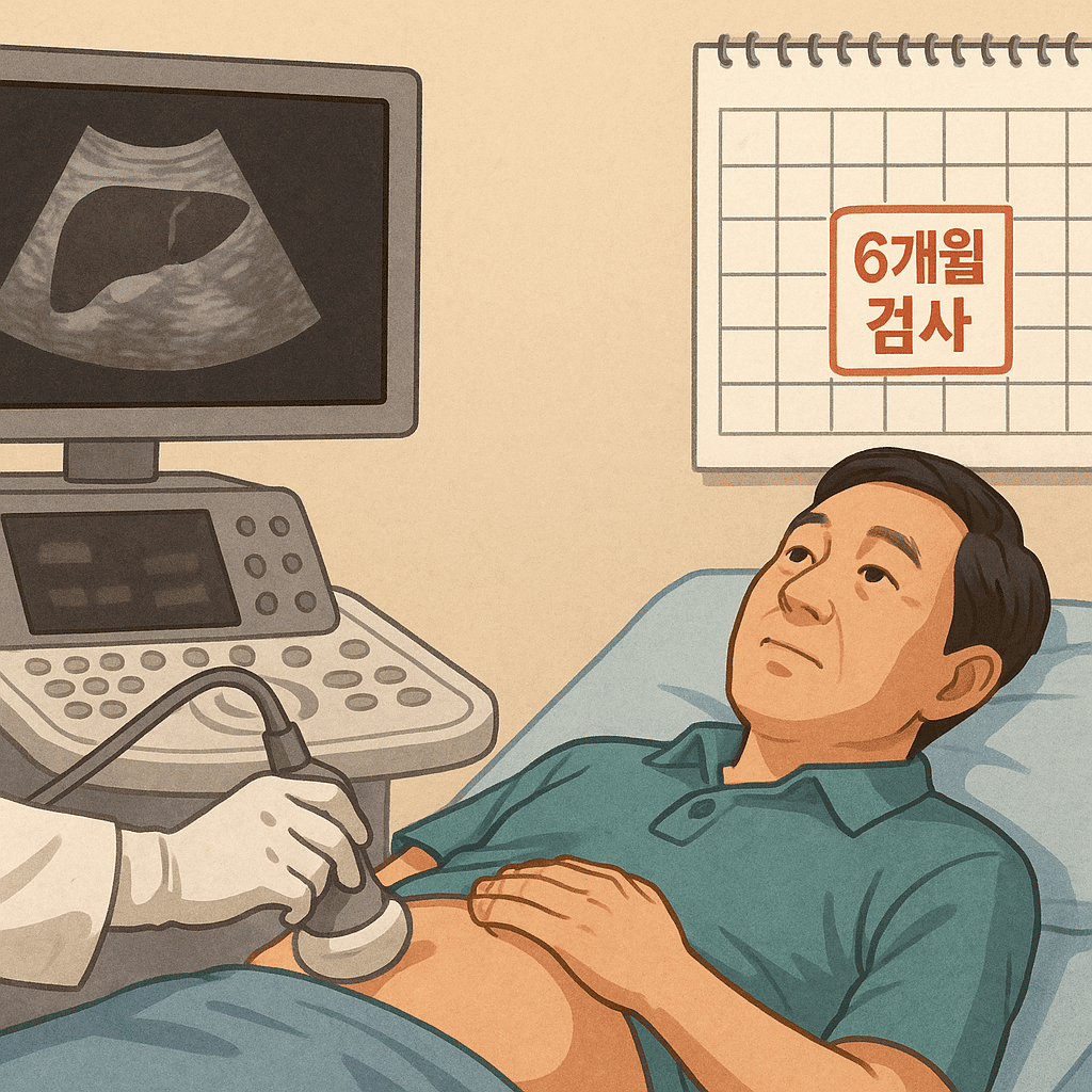 6개월 정기가 표시된 달력 아래에 간 스캔 검사하는 남성 환자 일러스트