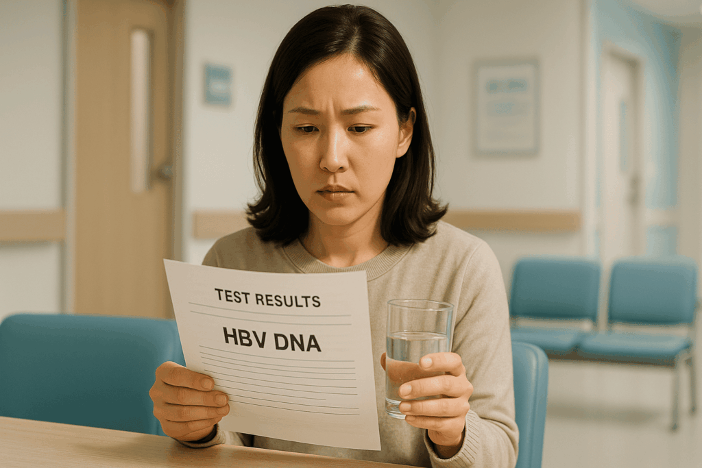 HBV DNA 검사결과지를 보고 있는 여성