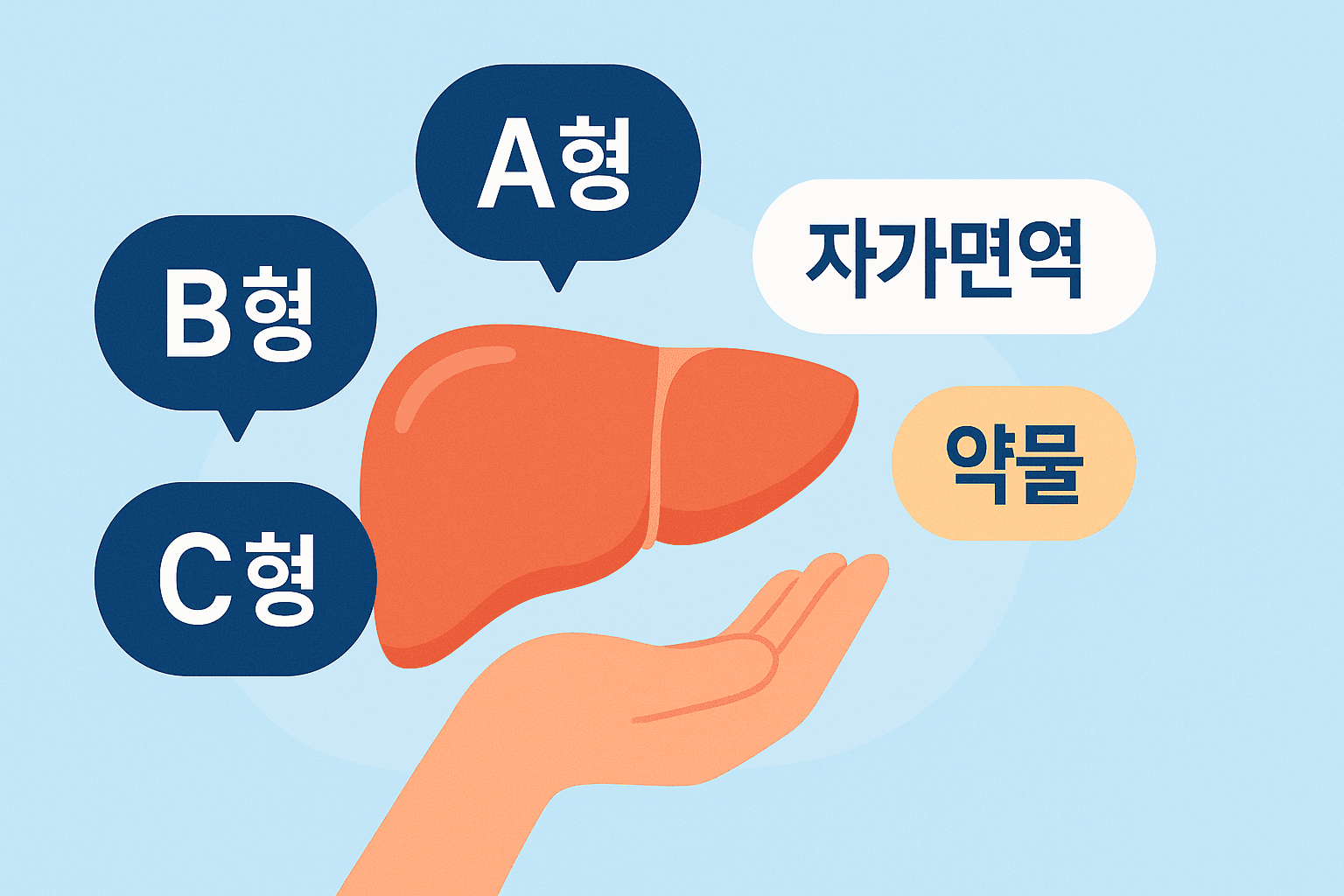 간염의 종류를 손 위에 형상화한 일러스트