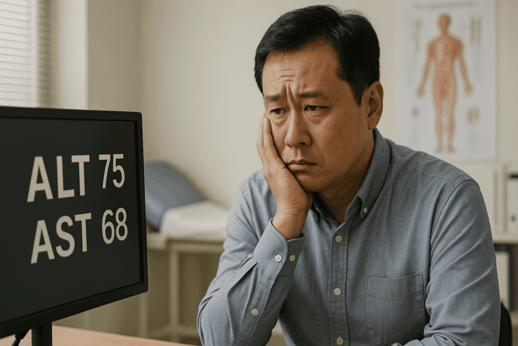 건강검진 결과를 모니터로 확인하고 있는 남자