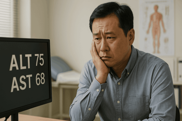 건강검진 결과를 모니터로 확인하고 있는 남자