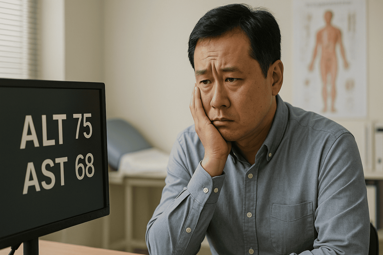 건강검진 결과를 모니터로 확인하고 있는 남자