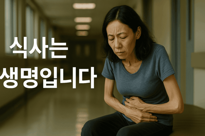 복도에 앉아서 배를 움켜쥐고 있는 마른 체형의 여성 앞으로 식사는 생명입니다 라는 문구가 표시