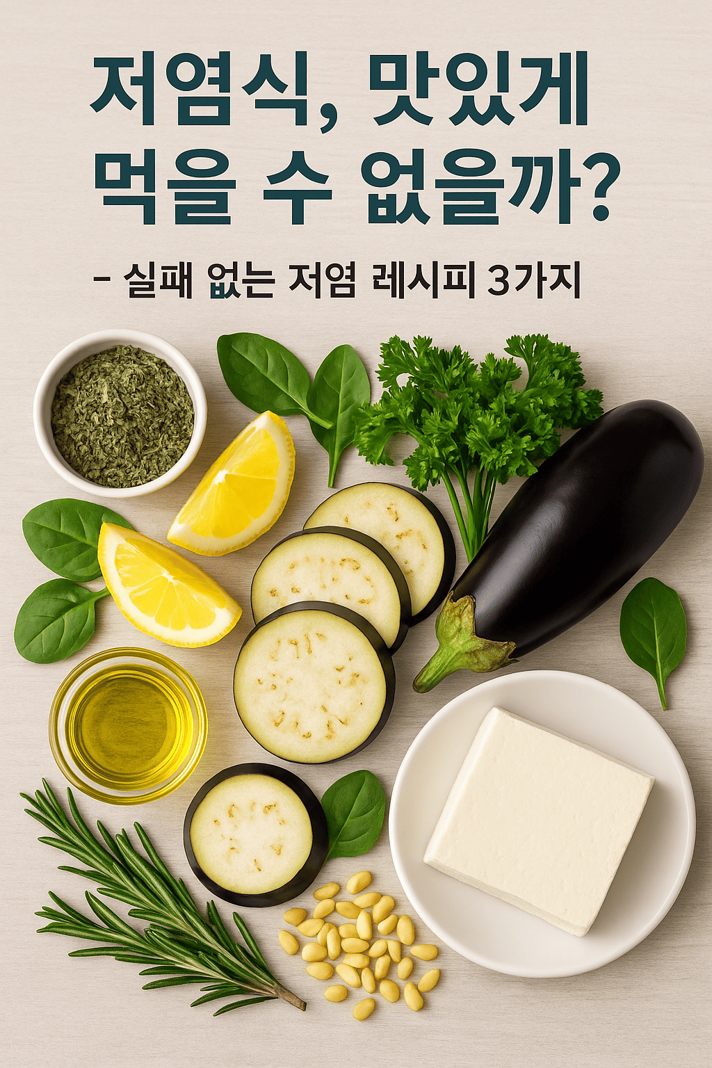 저염식, 맛있게 먹을 수 없을까? 라는 문구와 건강식 재료 이미지