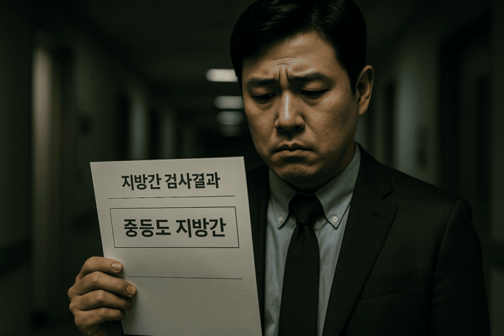 양복을 입은 채 심각한 표정으로 지방간 검사결과 중등도 판정 결과를 보고 있는 남자