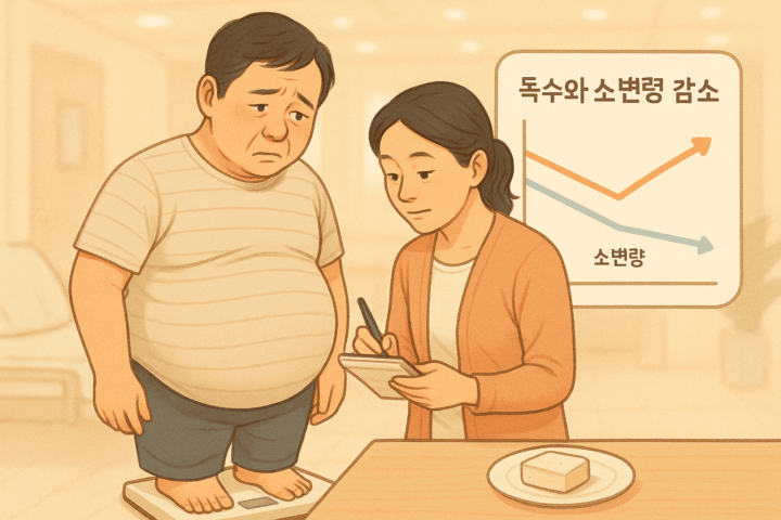 체중계 위에 올라간 남성과 기록하는 여성