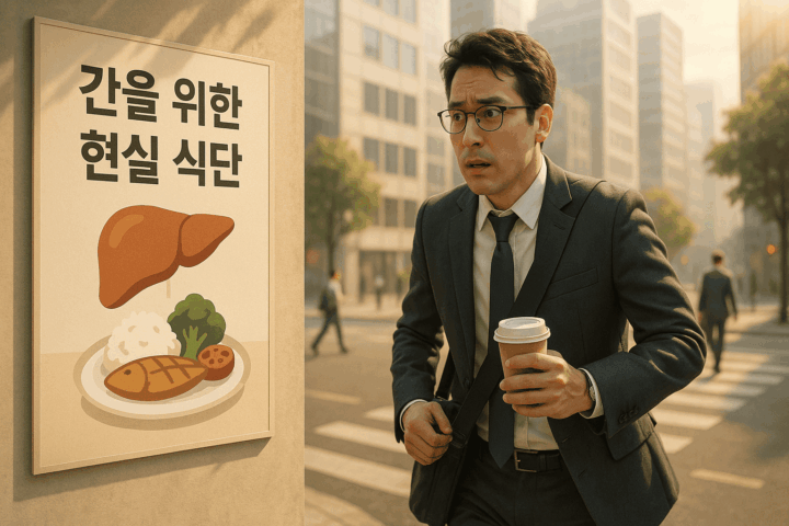 커피를 들고 급히 길을 가고 있는 직장인과 현실적 식단 포스트
