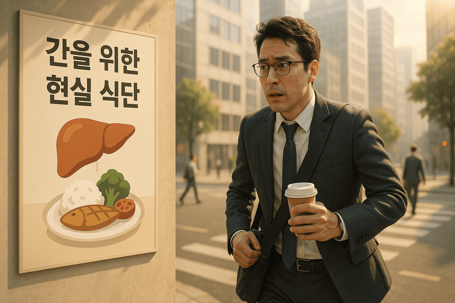 커피를 들고 급히 길을 가고 있는 직장인과 현실적 식단 포스트