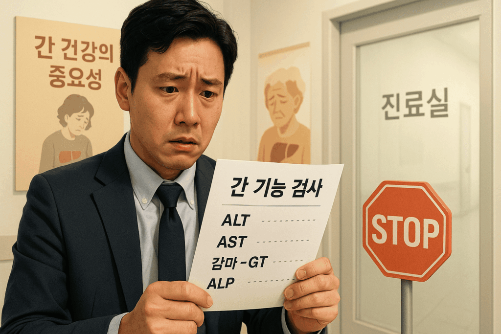 다소 찌푸린 얼굴로 간 기능 검사 결과지를 보고 있는 양복 입은 남성 이미지