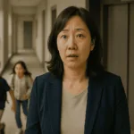 간을 잃기 전에 시리즈 2편 아파트 엘리베이터 앞에서 자녀들을 뒤로 하고 인터뷰 중인 40대 여성