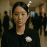 간을 잃기 전에 시리즈 6편 장례식장에서 붐비는 사람들 가운데 정면을 응시한 젊은 여성