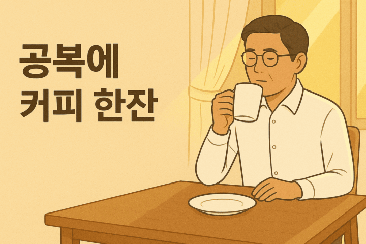 흰 셔츠를 입고 테이블에 앉아 커피를 마시고 있는 중년의 남성 앞으로 공복에 커피 한잔 이라는 문구가 표시