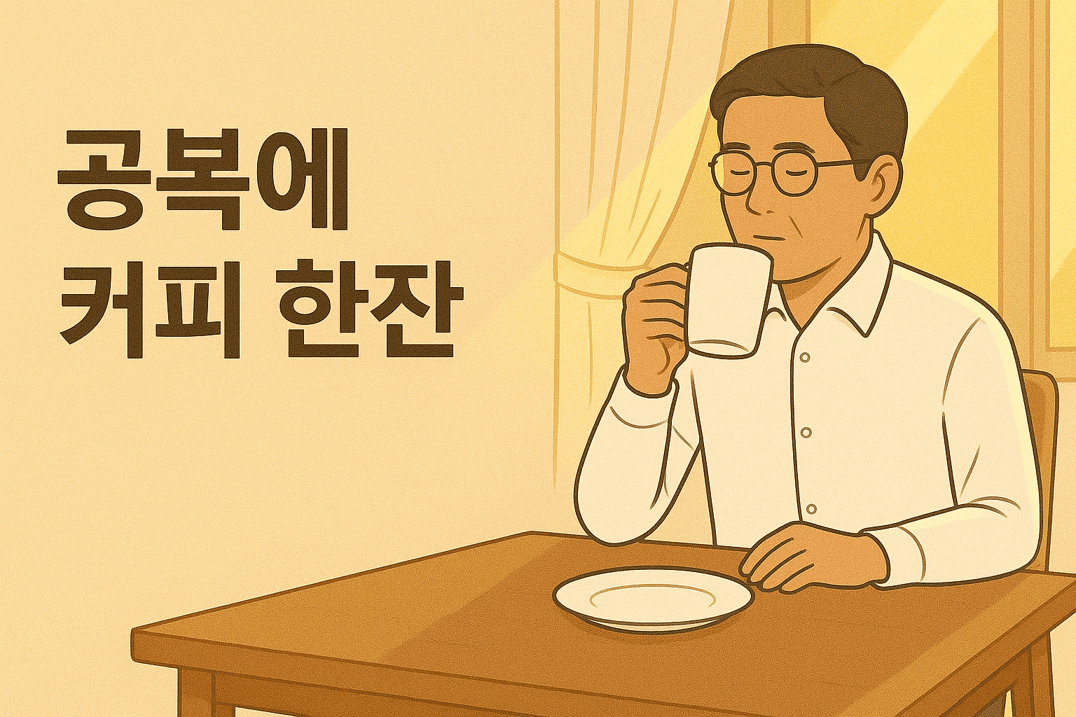 흰 셔츠를 입고 테이블에 앉아 커피를 마시고 있는 중년의 남성 앞으로 공복에 커피 한잔 이라는 문구가 표시