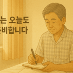 침대에 걸터 앉아 노트를 적고 있는 노년 남성 옆으로 나는 오늘도 준비합니다 라는 문구가 표시