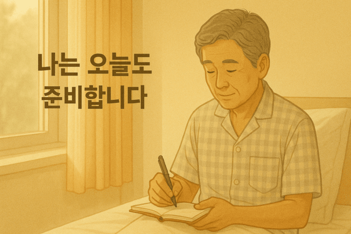 침대에 걸터 앉아 노트를 적고 있는 노년 남성 옆으로 나는 오늘도 준비합니다 라는 문구가 표시