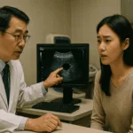 남자 의사가 여성 환자에게 영상 검사 결과를 설명