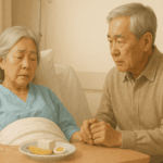 침대에 누워 있는 노년의 여성 환자와 손을 잡고 바라보고 있는 노년의 남성