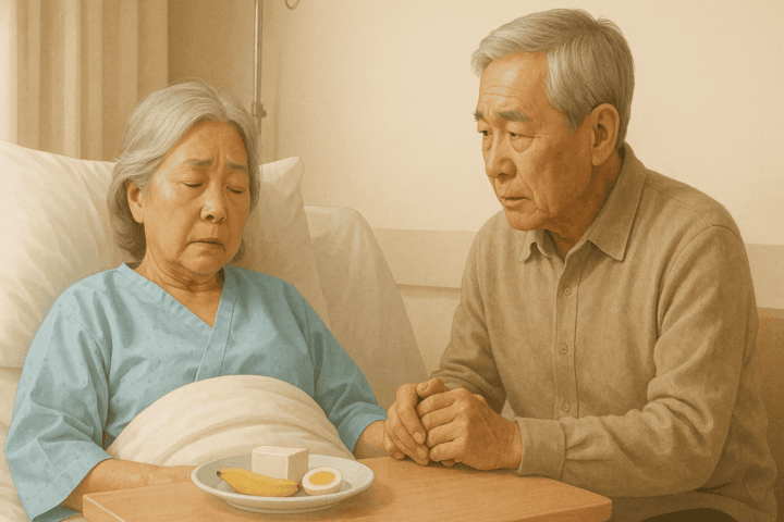 침대에 누워 있는 노년의 여성 환자와 손을 잡고 바라보고 있는 노년의 남성