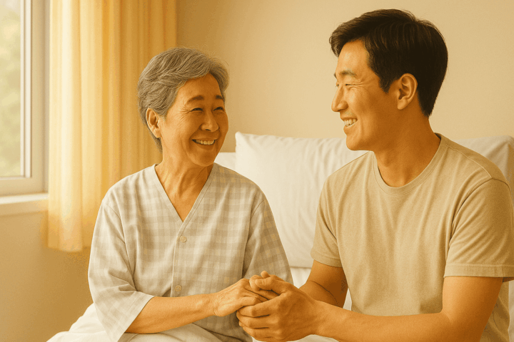 노령의 여성 환자와 중년의 남성이 서로 손을 맞잡고 있다