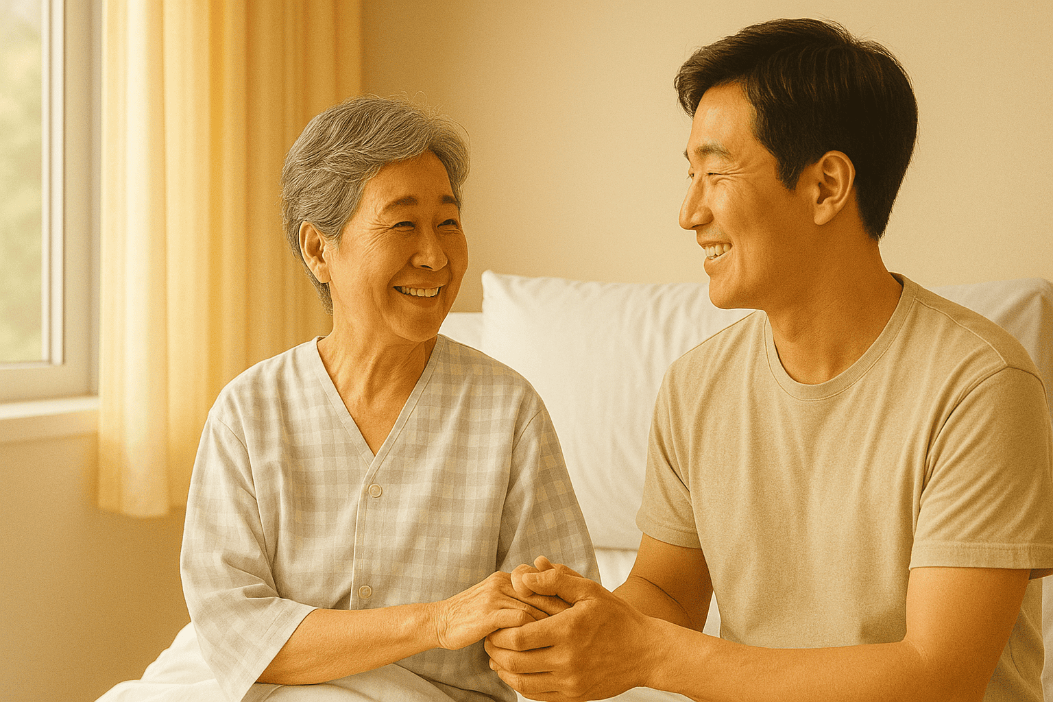노령의 여성 환자와 중년의 남성이 서로 손을 맞잡고 있다