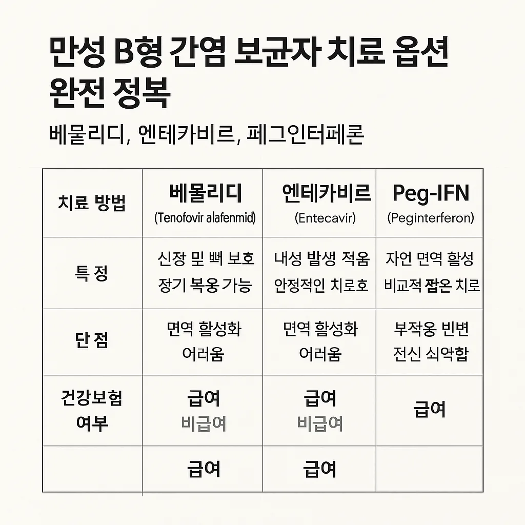 베물리디, 엔테카비르, 페그인터페론의 특징과 장단점, 건강보험 적용 여부를 시각적으로 표현한 표