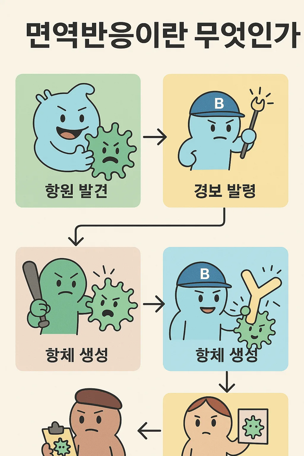 면역반응이 바이러스를 공격하고 항체가 결합하는 과정을 설명하는 이미지