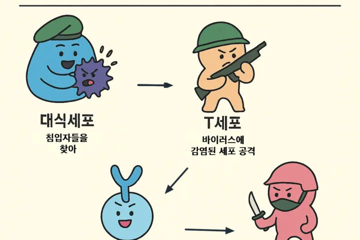 대식세포, T세포, B세포, NK세포가 바이러스와 싸우는 면역반응 과정 설명 이미지
