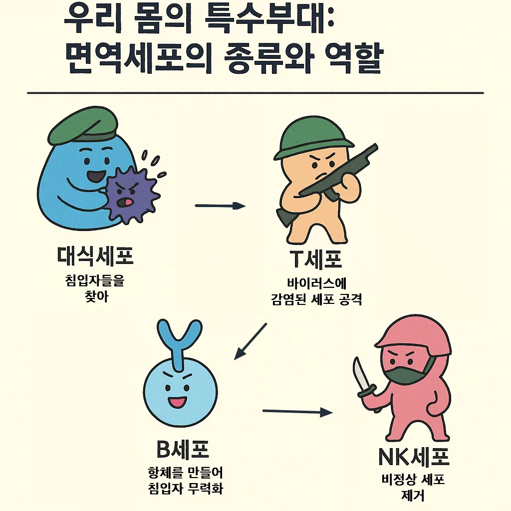 대식세포, T세포, B세포, NK세포가 바이러스와 싸우는 면역반응 과정 설명 이미지