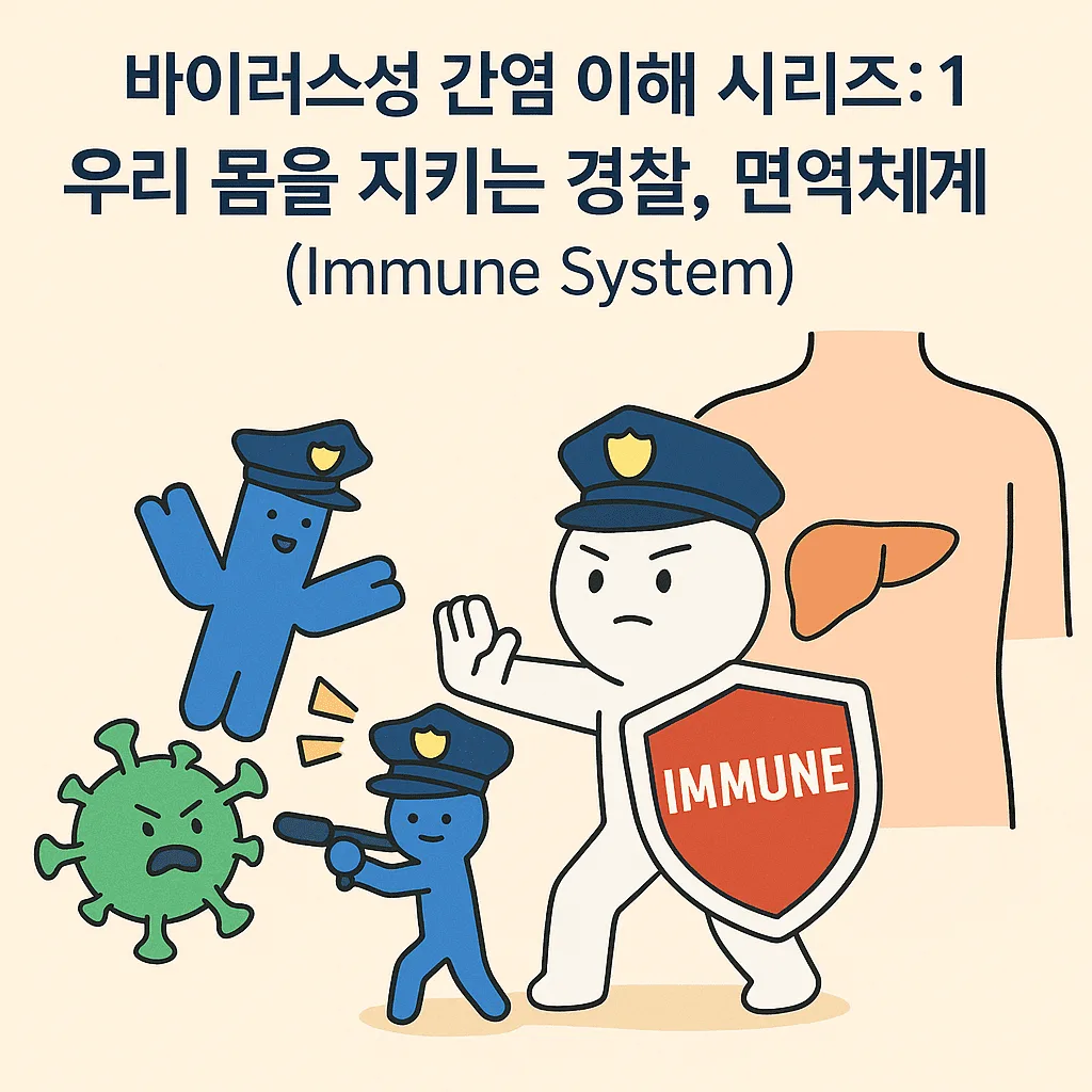 면역체계가 경찰처럼 바이러스와 싸우는 모습을 시각적으로 표현한 이미지