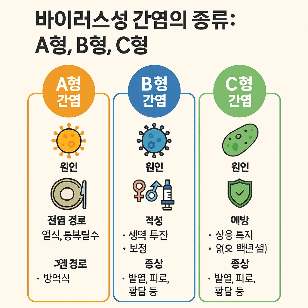 A형 간염, B형 간염, C형 간염의 전염 경로와 예방 방법을 설명하는 이미지