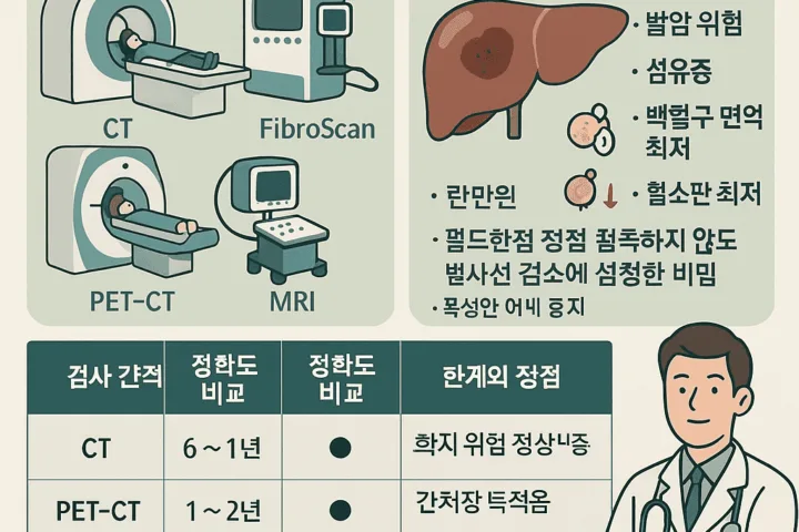 간 질환 검사 종류와 부작용을 설명하는 의료 이미지