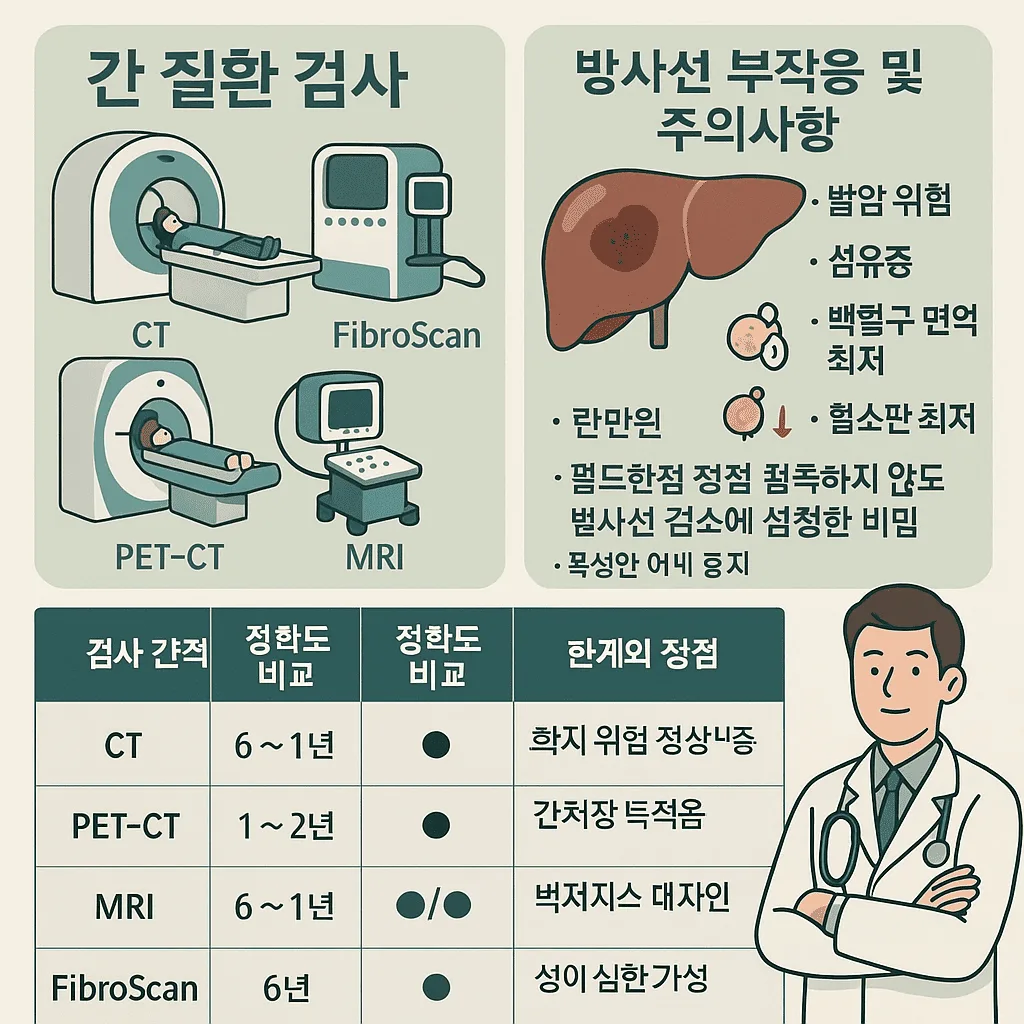 간 질환 검사 종류와 부작용을 설명하는 의료 이미지