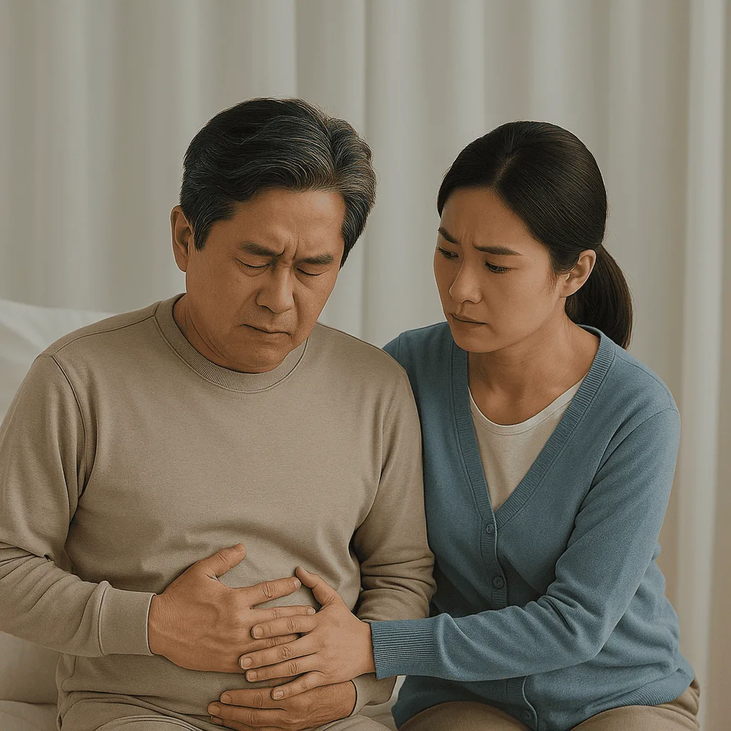 배룰 움켜쥐고 있는 남성과 곁에 있는 여성 사진