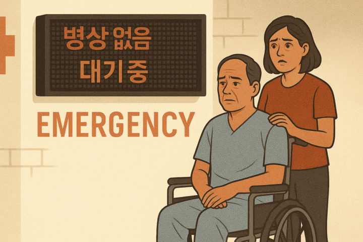 휠체어에 앉아 있는 남성 환자와 뒤에 서 있는 여성 간병인 앞으로 병상없음-대기중 EMERGENCY 라는 문구가 표시