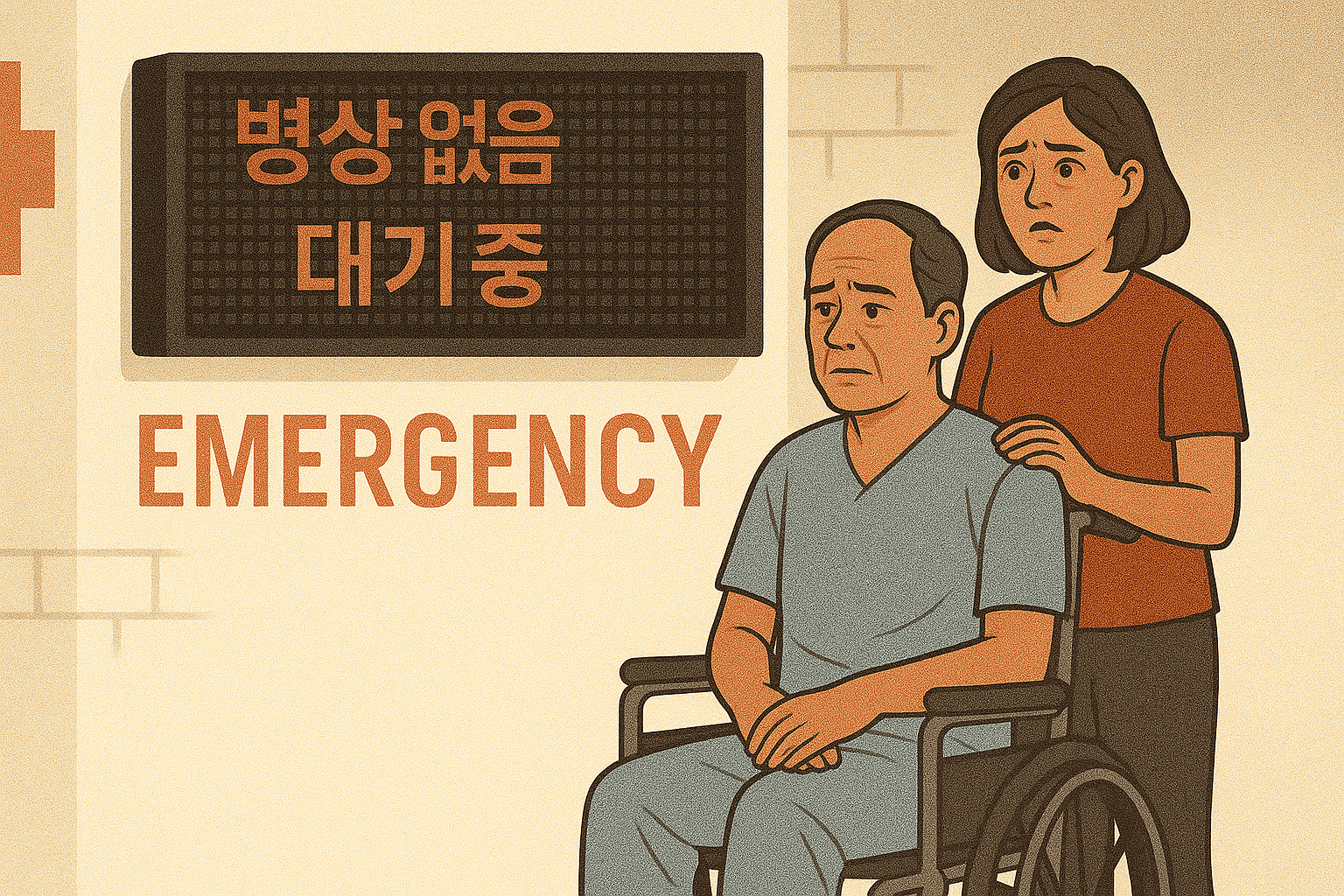 휠체어에 앉아 있는 남성 환자와 뒤에 서 있는 여성 간병인 앞으로 병상없음-대기중 EMERGENCY 라는 문구가 표시