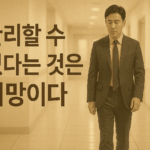 복도를 걷는 남자 옆으로 관리할 수 있다는 것은 희망이다 라는 문구가 표시