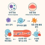 염증 반응의 단계별 진행 과정을 설명한 인포그래픽 이미지