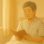 웃는 모습으로 책을 읽고 있는 노령의 남성 일러스트