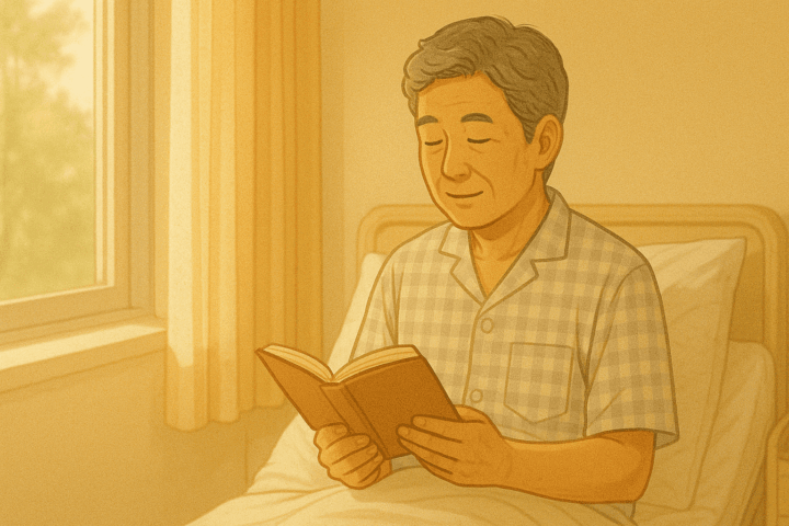 웃는 모습으로 책을 읽고 있는 노령의 남성 일러스트
