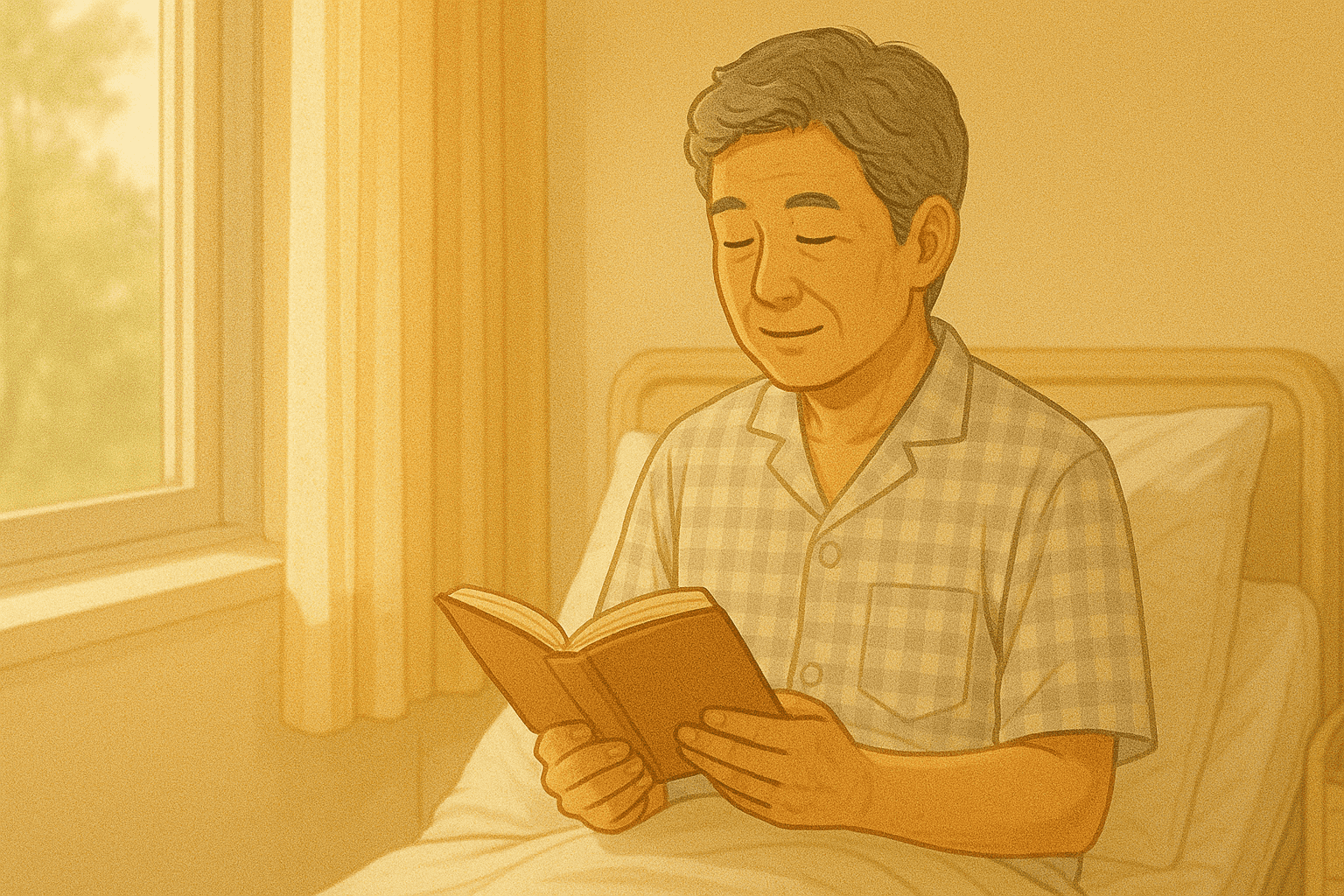 웃는 모습으로 책을 읽고 있는 노령의 남성 일러스트