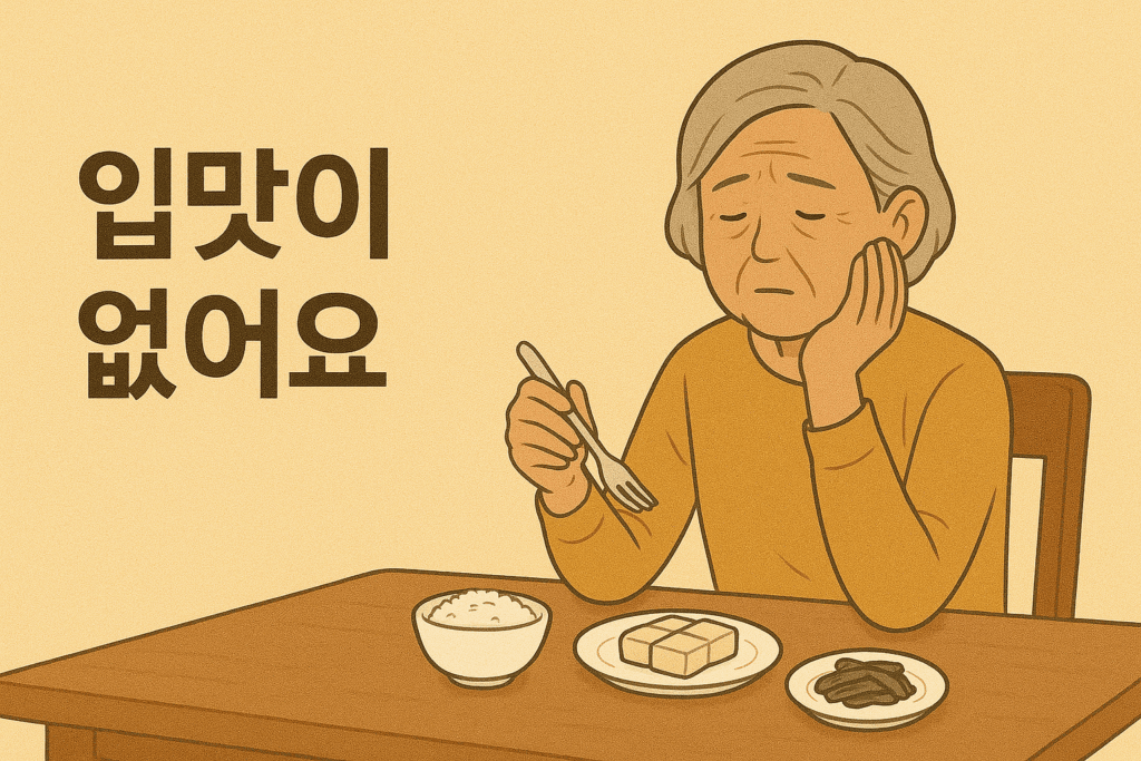 식탁에 앉아 턱을 괴고 포크를 들고 있는 노령의 여성 앞으로 압맛이 없어요 라는 문구가 표시