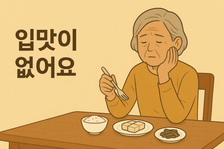 식탁에 앉아 턱을 괴고 포크를 들고 있는 노령의 여성 앞으로 압맛이 없어요 라는 문구가 표시