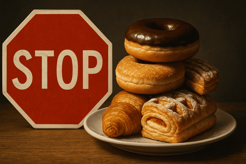 접시 위에 빵이 쌓여있고 STOP 경고판이 있다