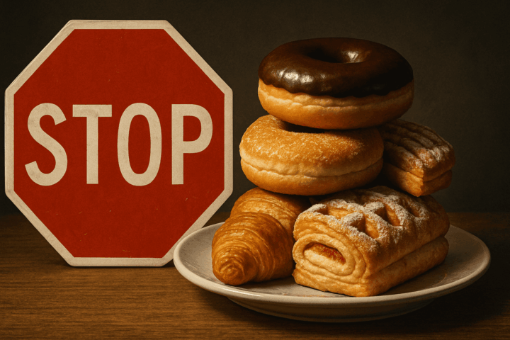 접시 위에 빵이 쌓여있고 STOP 경고판이 있다