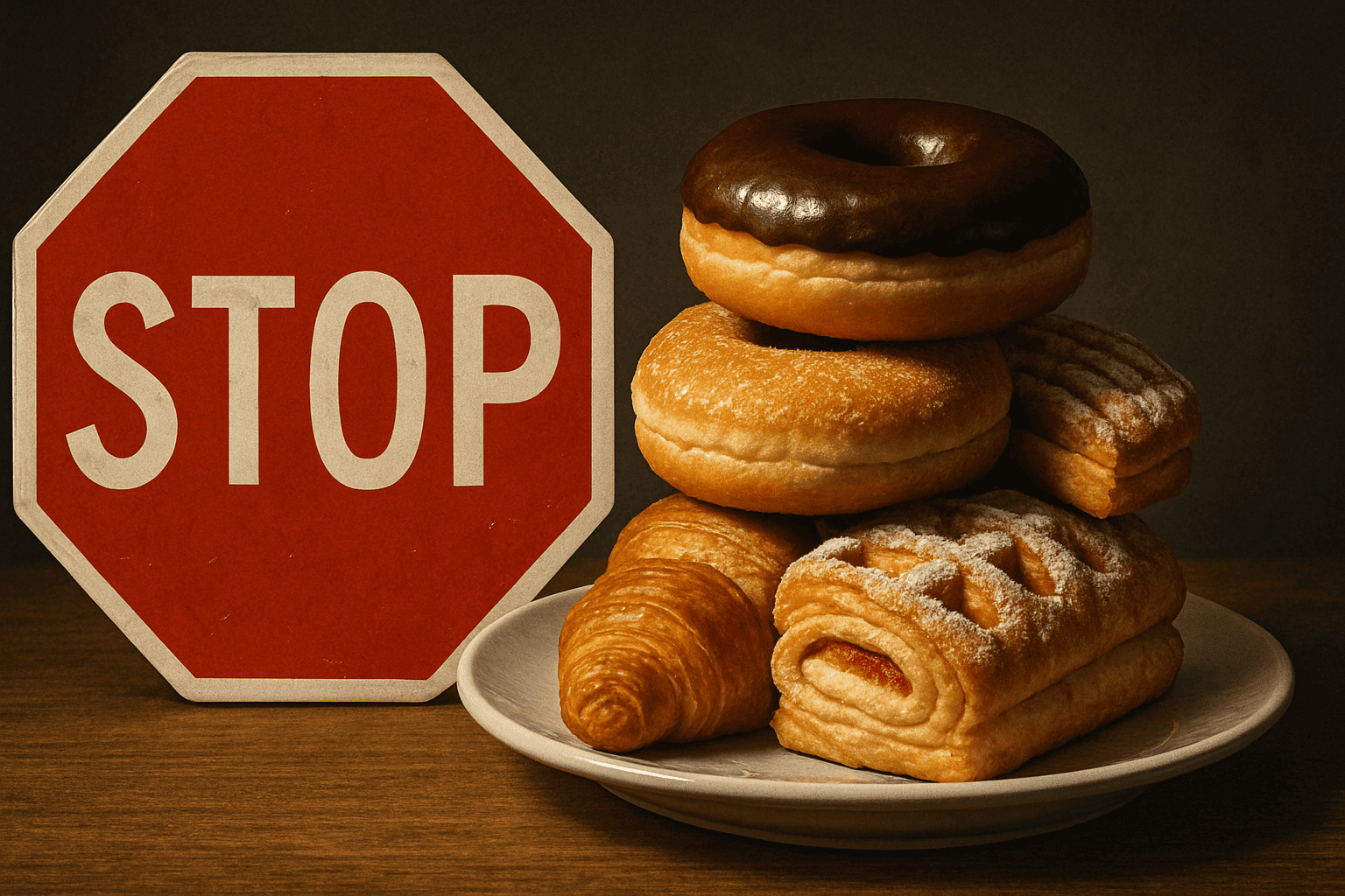 접시 위에 빵이 쌓여있고 STOP 경고판이 있다