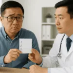 하얀 진료실에서 환자가 진지한 표정으로 의사에게 메모를 건네며 질문하는 장면