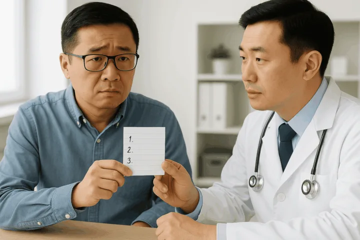 하얀 진료실에서 환자가 진지한 표정으로 의사에게 메모를 건네며 질문하는 장면
