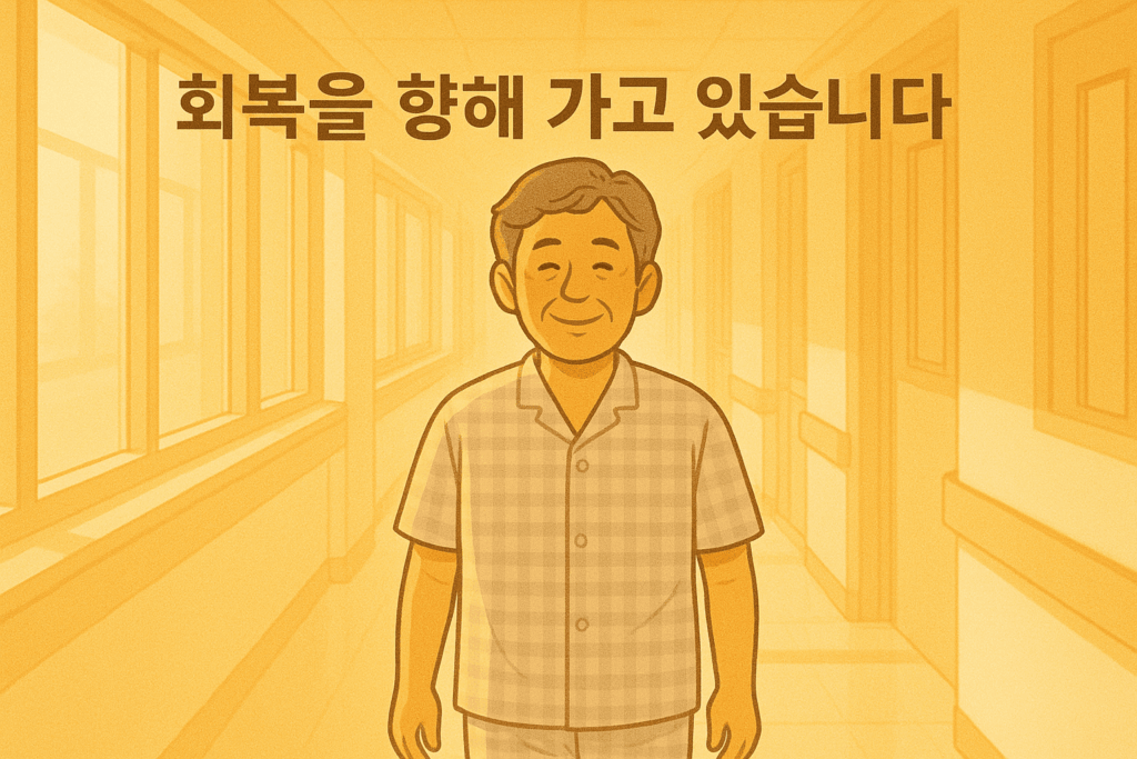 복도를 걷고 있는 노령의 남자 환자 모습 위로 회복을 향해 가고 있습니다 라는 문구가 표시