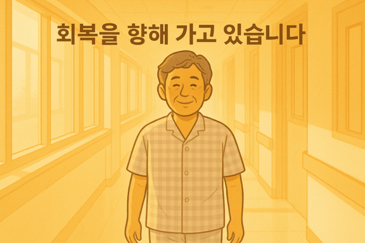복도를 걷고 있는 노령의 남자 환자 모습 위로 회복을 향해 가고 있습니다 라는 문구가 표시
